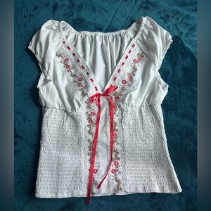 SHEIN White Blouse with Red Embroidery with bow